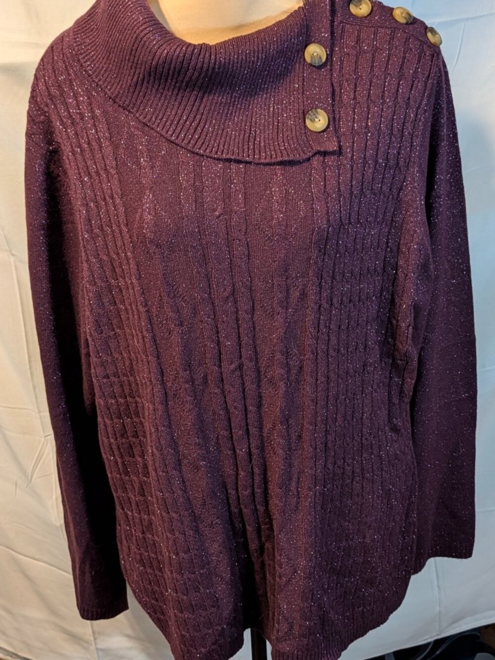 Briggs Women’s XL Maroon Shimmer Cowl Neck Sweater Button Detail Knit Top